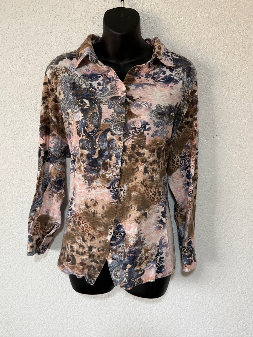 Soft Surroundings Pink, Brown & Blue Paisley Button-Front Shirt
